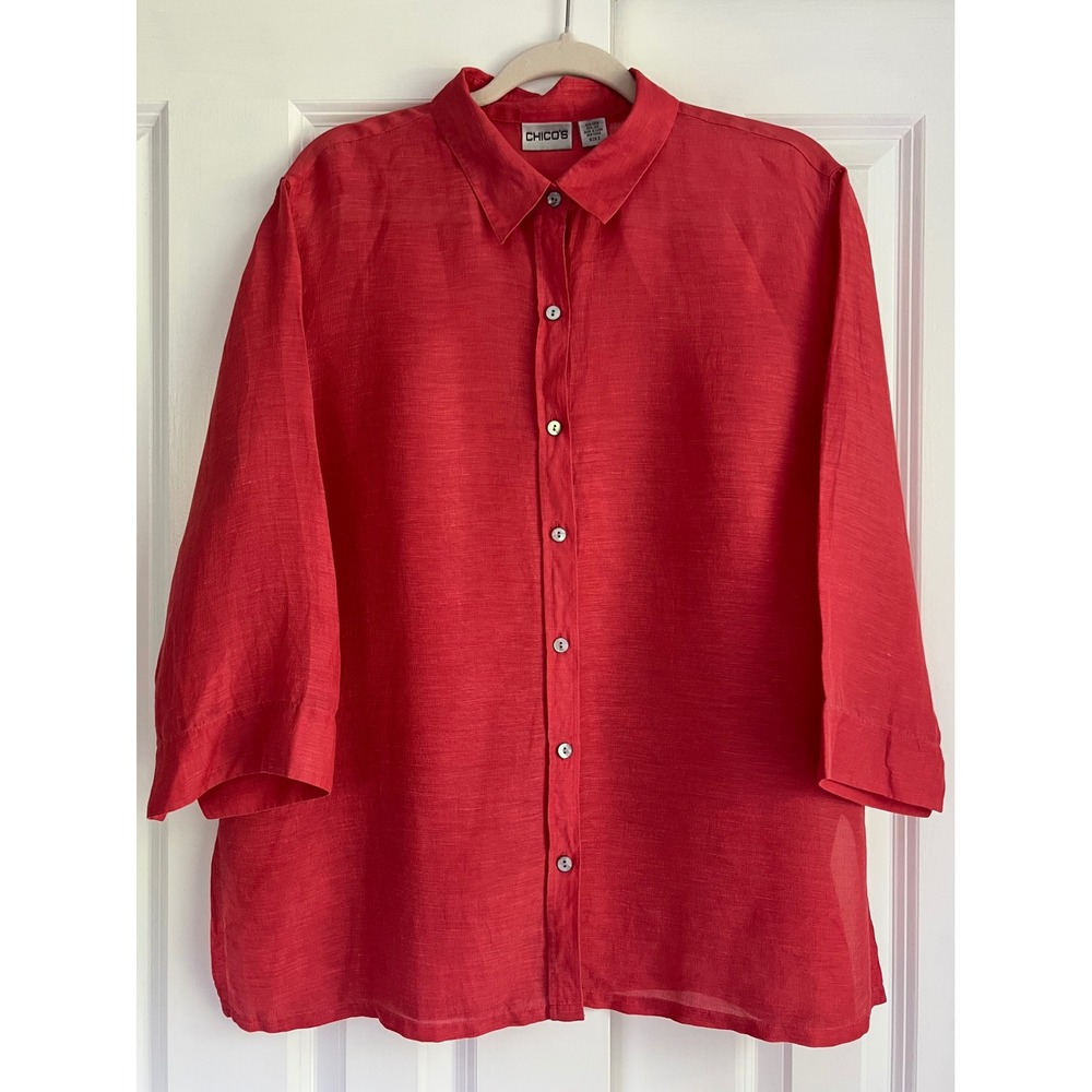 Chico's Coral Salmon Linen Silk Button Down Shirt Chico's Size 2 (Size L/12)